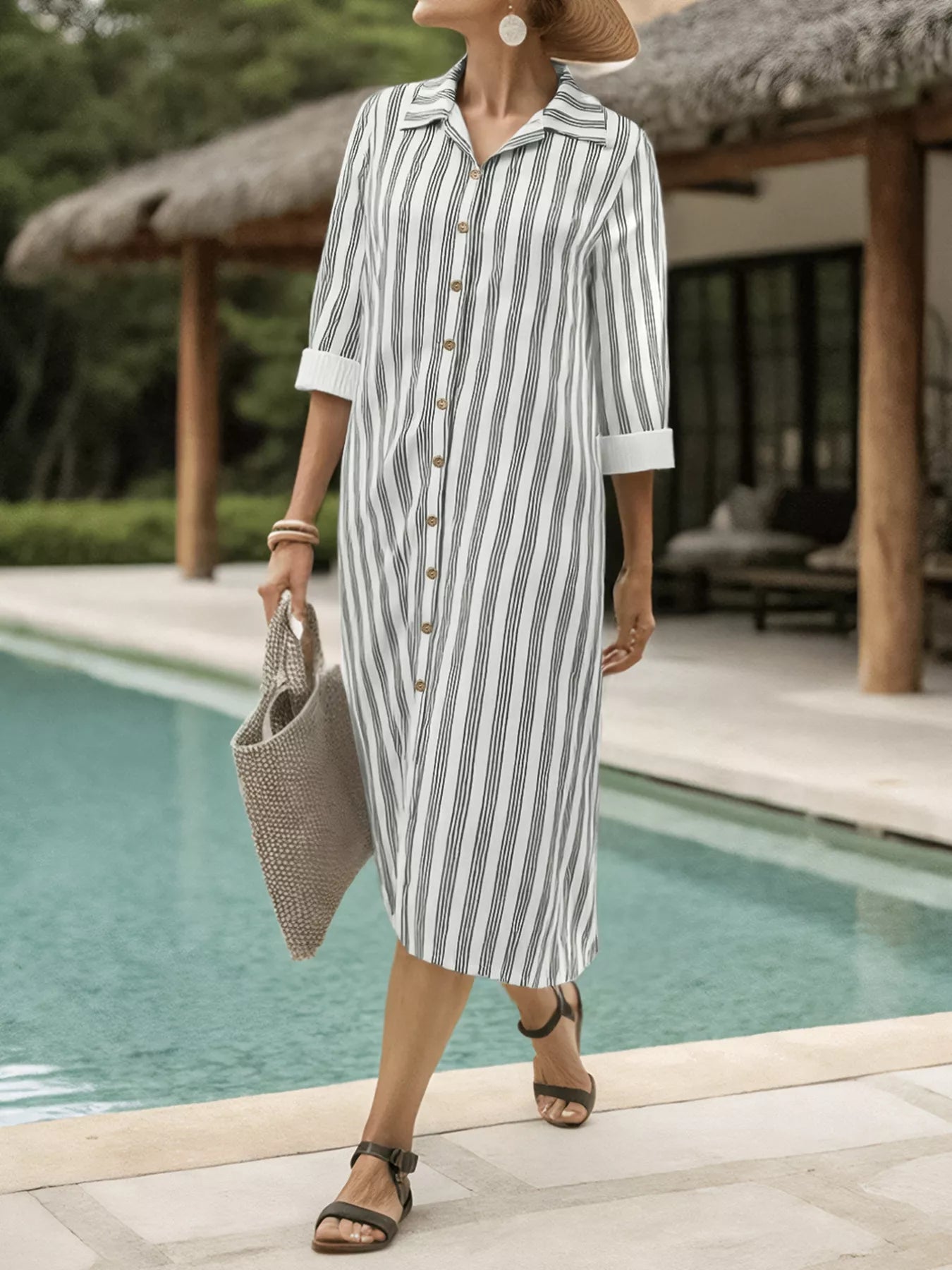 Plus Size Striped Button Front Midi Dress Light Gray / 1XL Plus Size Striped Button Front Midi Dress Light Gray / 1XL