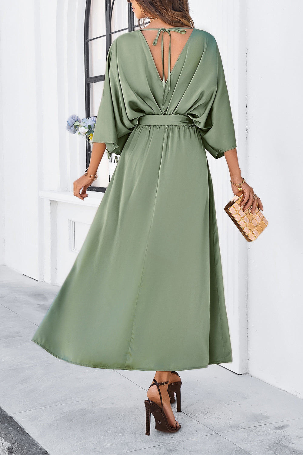 Slit Tied V-Neck Three-Quarter Sleeve Dress BLUE ZONE PLANET