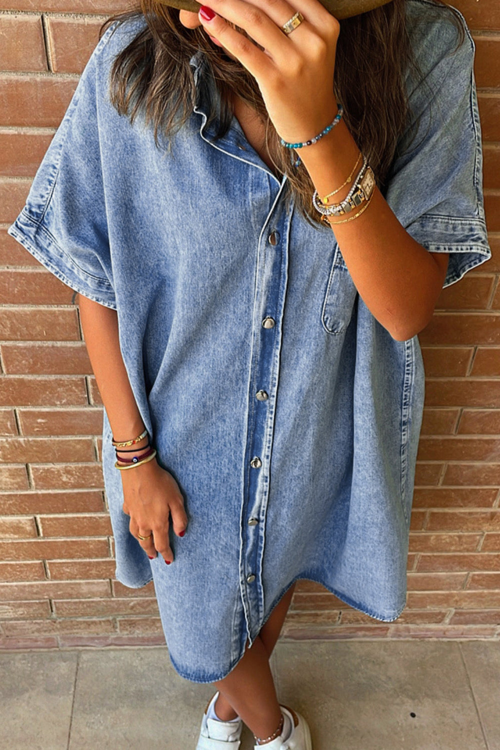 Light Blue Loose Medium Wash Short Sleeve Shirt Chambray Dress Blue Zone Planet