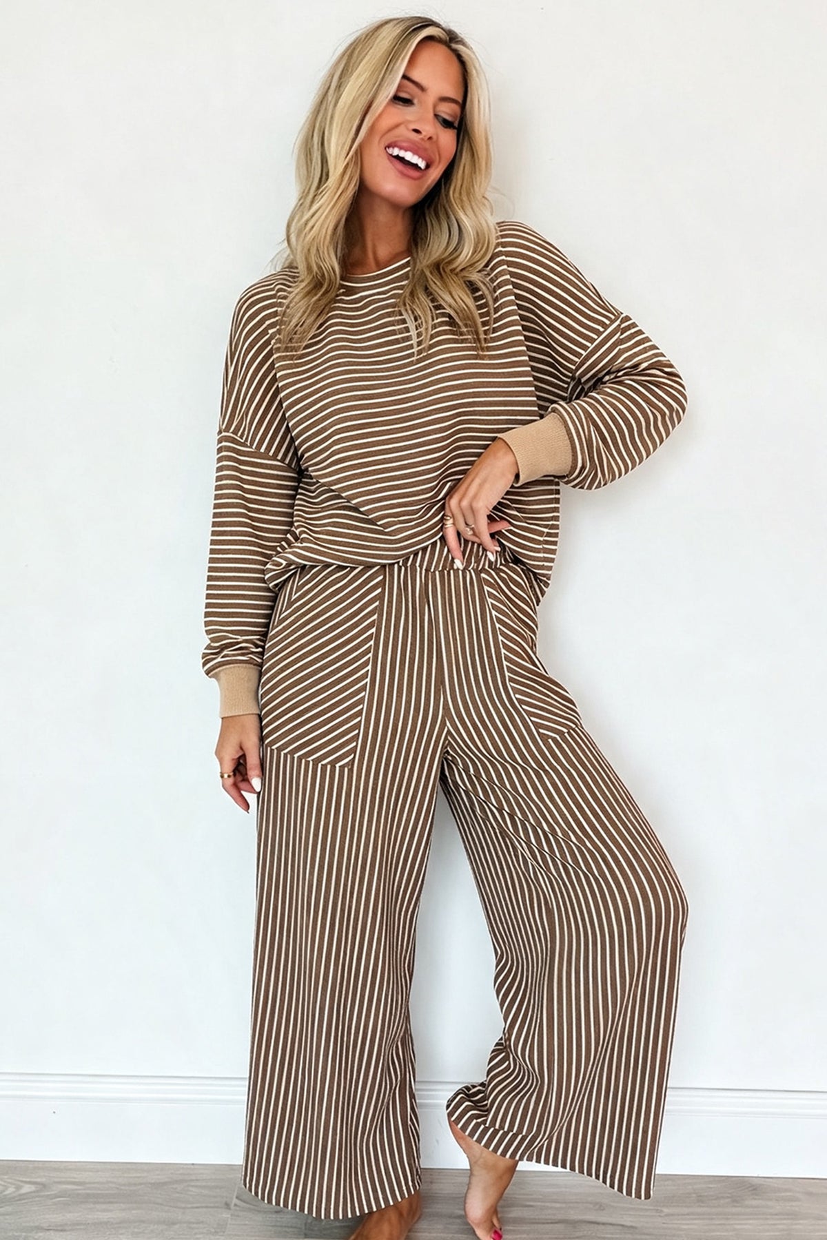 Black Stripe Drop Shoulder Relaxed Pullover Casual Pants 2pcs Set