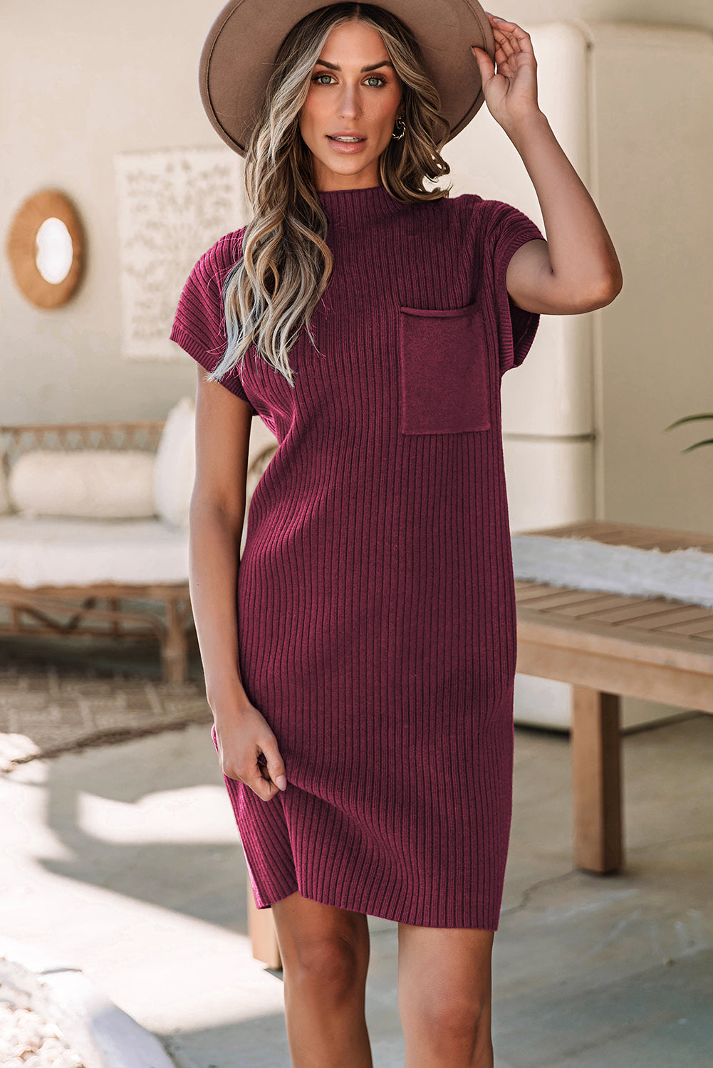 Blue Zone Planet | Oatmeal Patch Pocket Ribbed Knit Short Sleeve Sweater Dress Blue Zone Planet