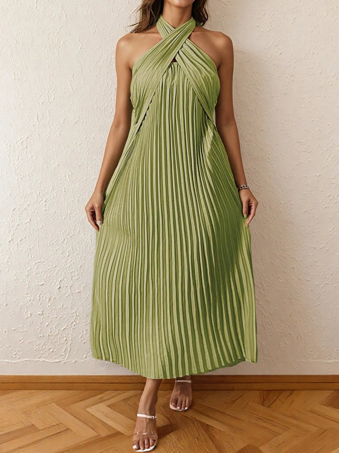 Pleated Halter Neck Midi Dress Blue Zone Planet Pleated Halter Neck Midi Dress Blue Zone Planet
