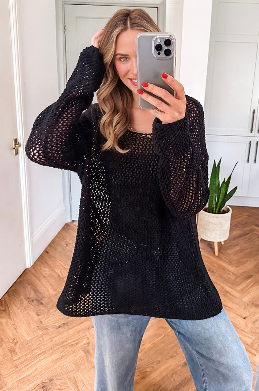 Black Crochet Hollow-Out Jumper Top Sweater