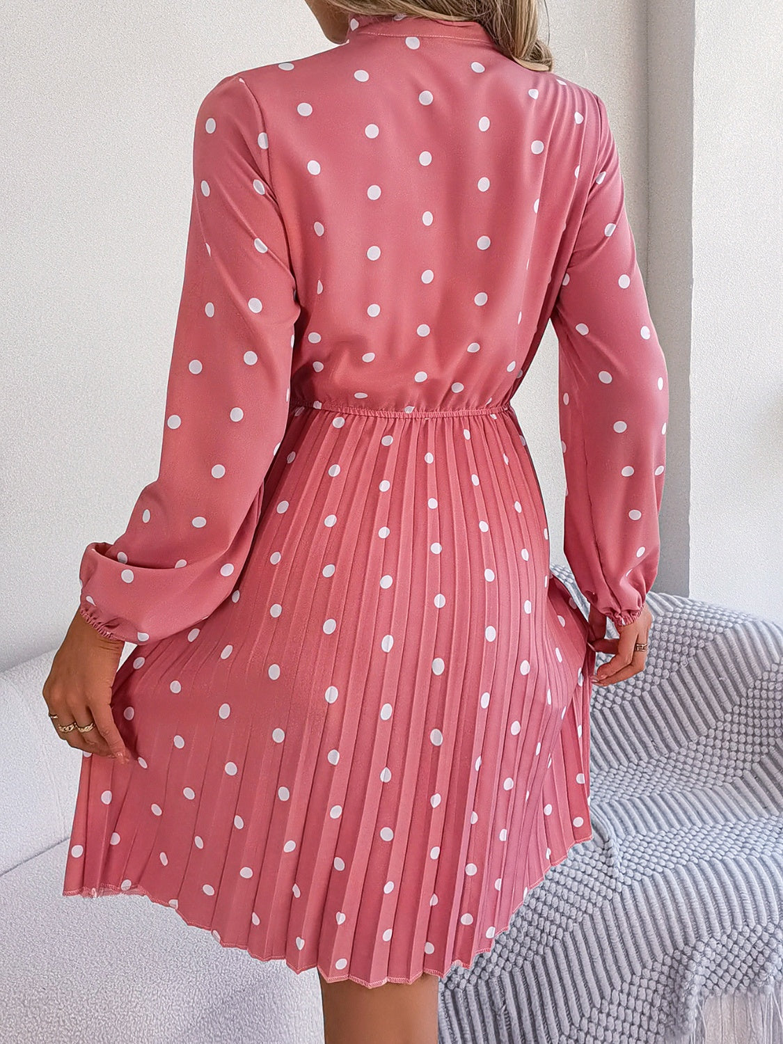Polka Dot Tie Neck Pleated Dress BLUE ZONE PLANET