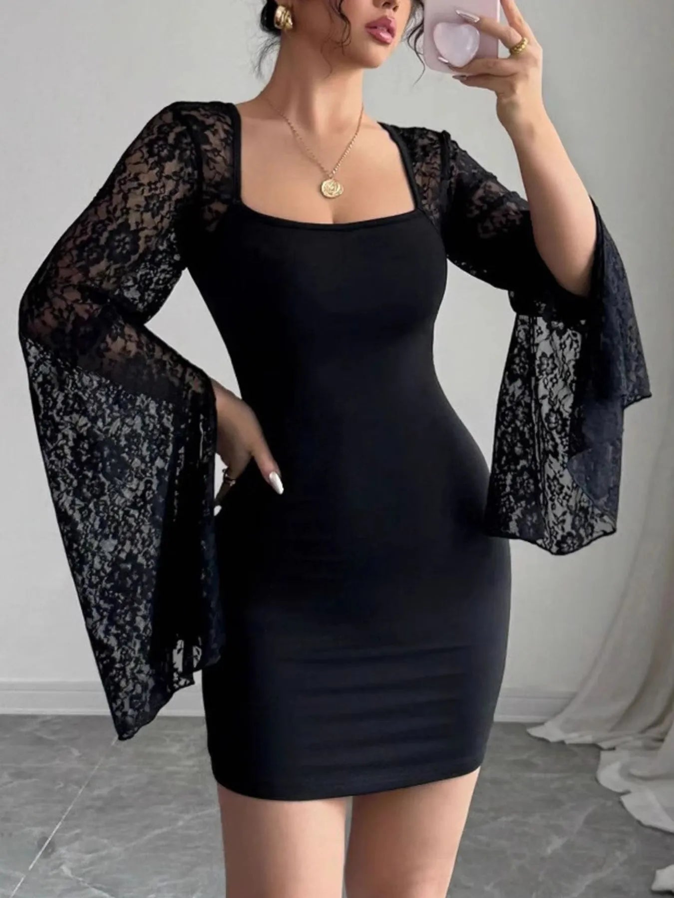 Square Neck Lace Bell Sleeve Bodycon Dress Black / XL by Blue Zone Planet Square Neck Lace Bell Sleeve Bodycon Dress Black / XL by Blue Zone Planet