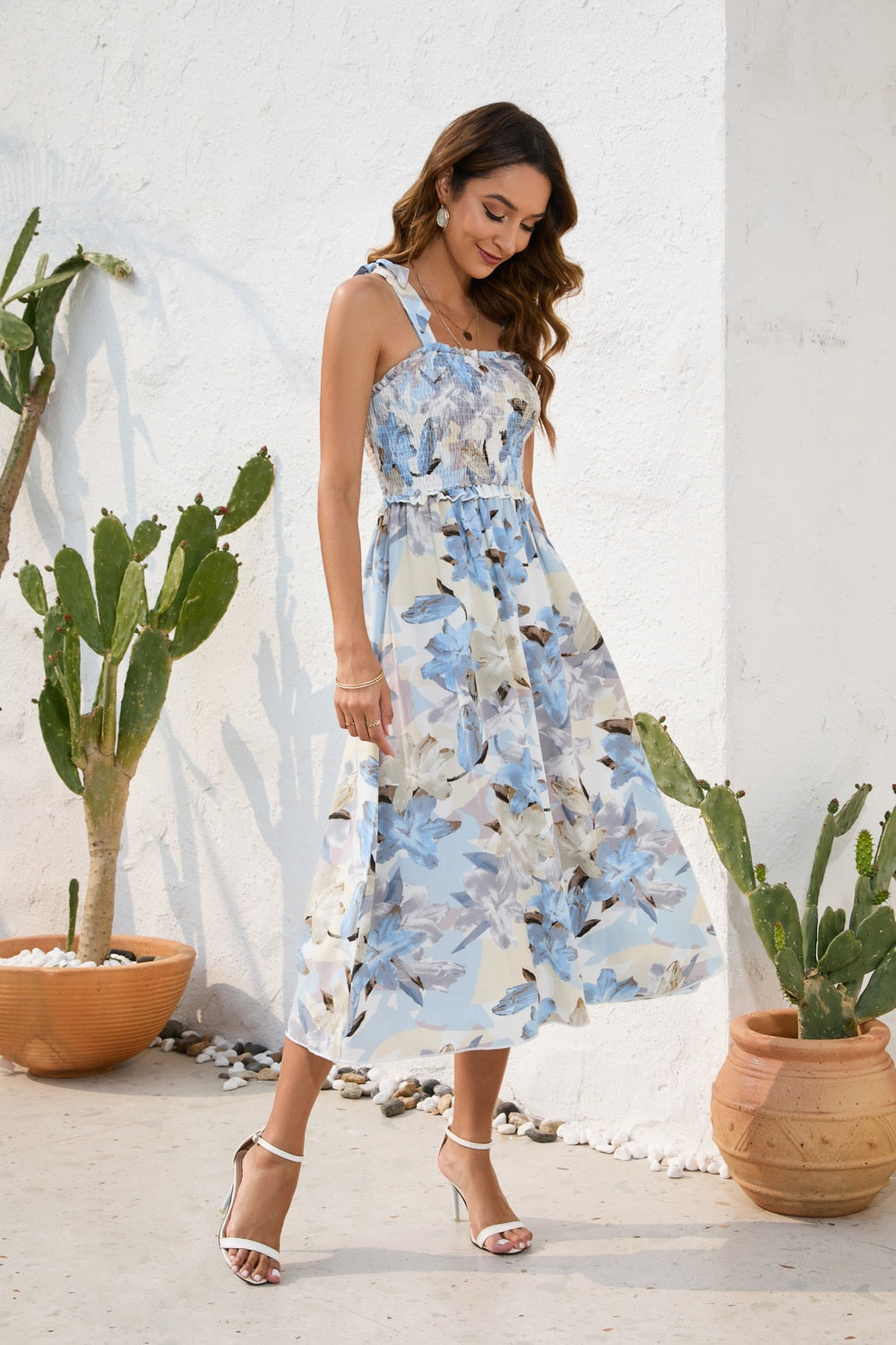 Blue Zone Planet | Smocked Printed Square Neck Midi Dress BLUE ZONE PLANET