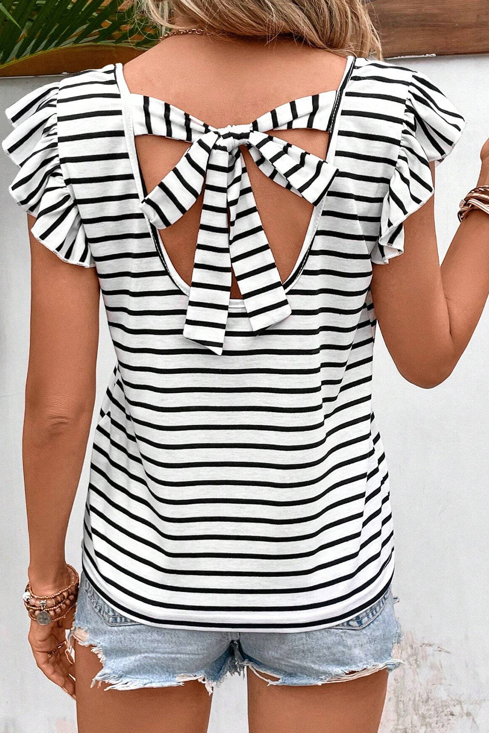 Blue Zone Planet | Pink Stripe Butterfly Sleeve V Neck Hollowed Knot Back T Shirt Blue Zone Planet