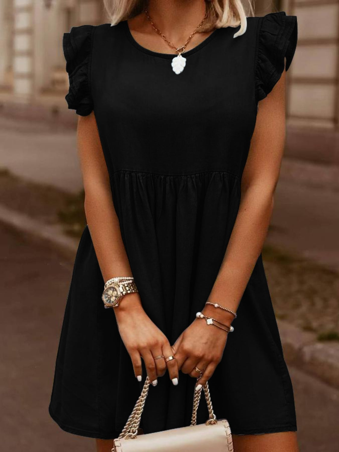 Blue Zone Planet | Clara's Full Size Ruffled Round Neck Cap Sleeve Denim Mini Dress BLUE ZONE PLANET