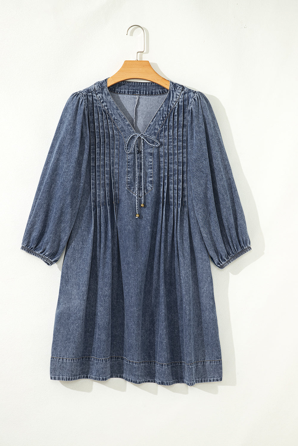 denim pleated dress Everyday The Label Women's Sail Blue 3/4 Sleeve Tied V Neck Pleated Denim Mini Dress in Mid Blue