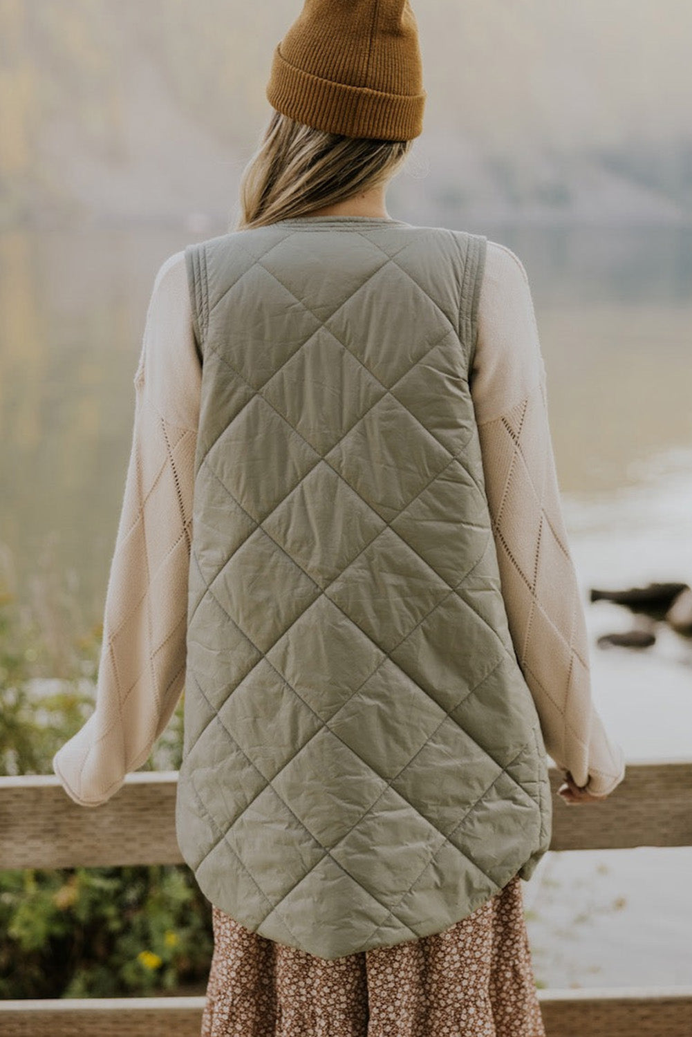 Blue Zone Planet | Grass Green Quilted Long Vest Jacket with Pockets Blue Zone Planet