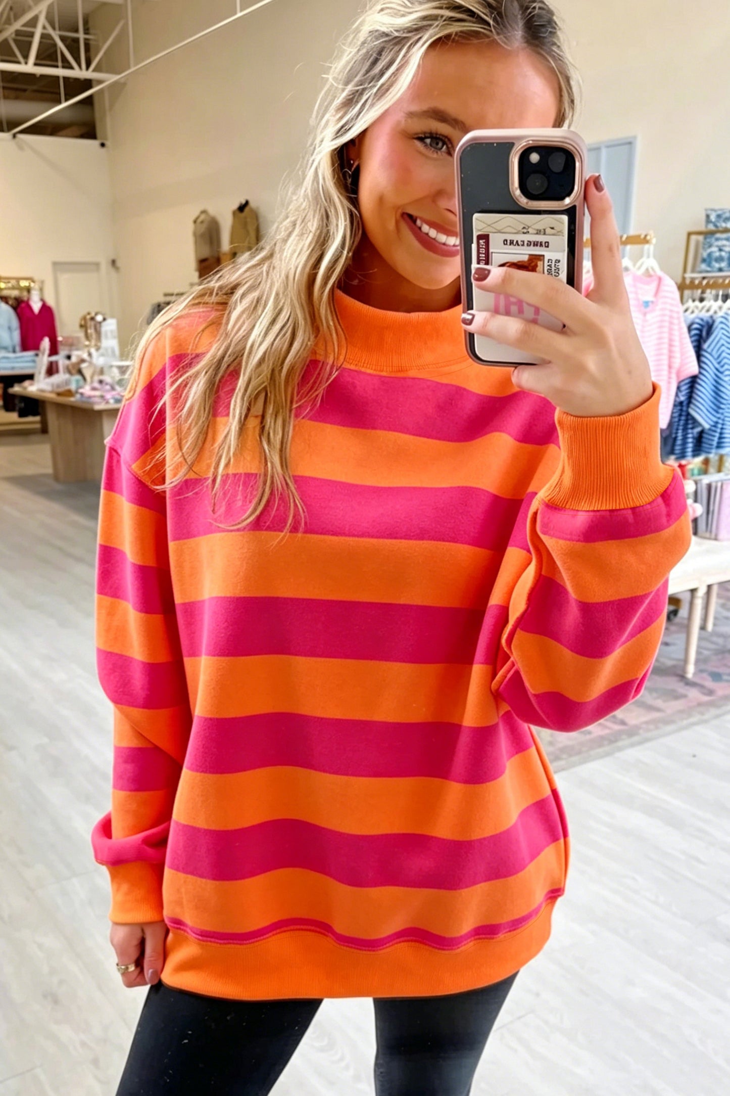 Rose Stripe Colorblock Mock Neck Relaxed Sweatshirt