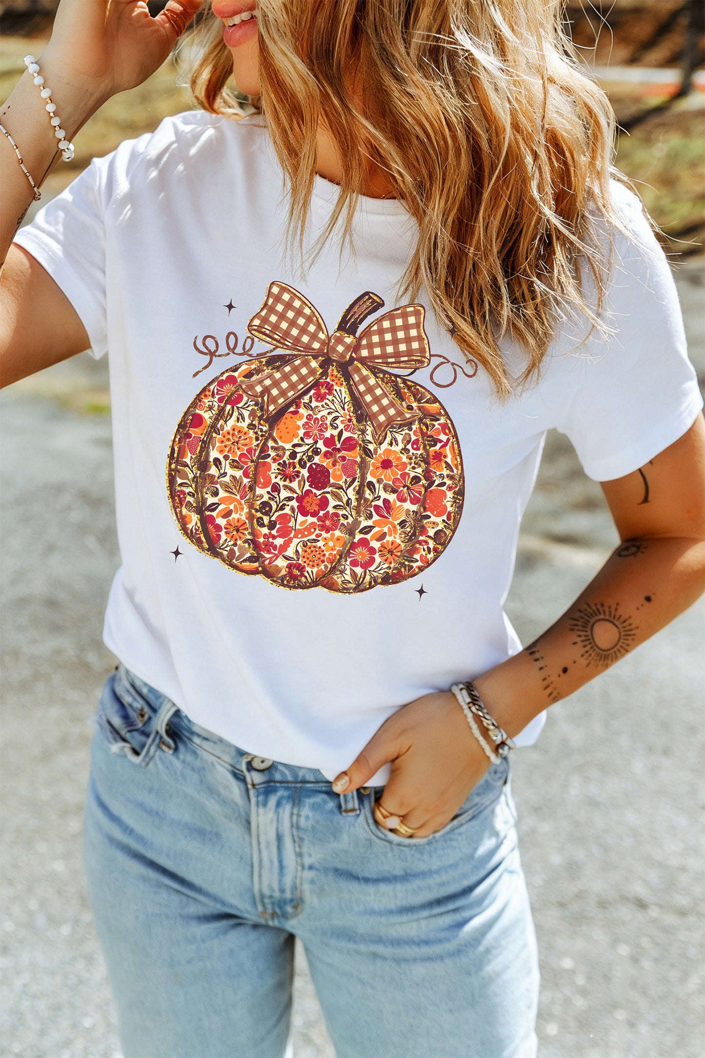 White Floral Pumpkin Print Round Neck Short Sleeve T-Shirt