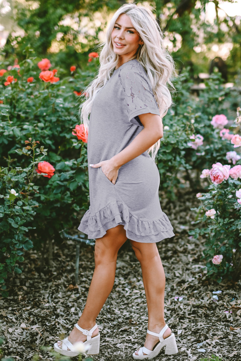 Light Grey Lace Floral Patchwork Ruffled T-shirt Dress Blue Zone Planet