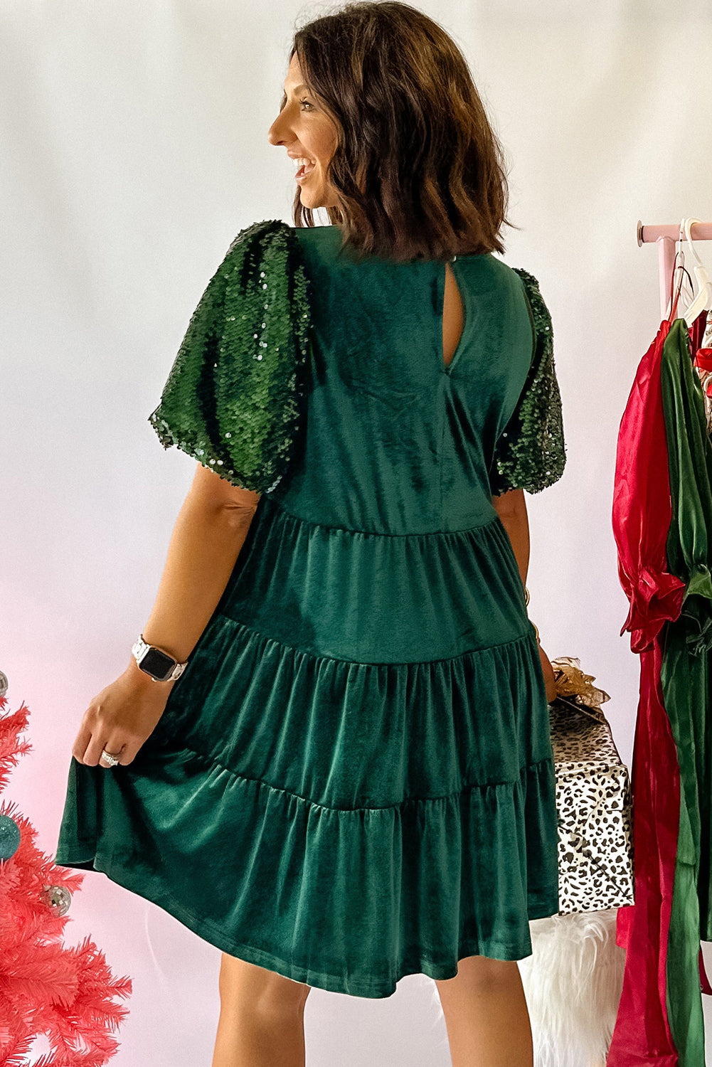 Evergreen Sequin Puff Sleeve High Waist Tiered Velvet Mini Dress