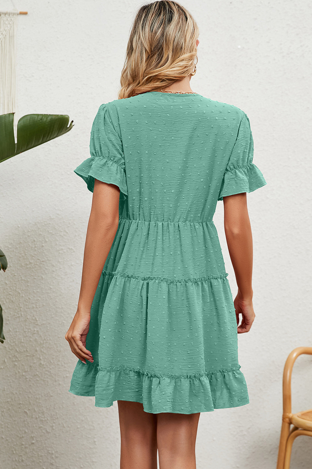 Blue Zone Planet | Swiss Dot V-Neck Flounce Sleeve Mini Dress BLUE ZONE PLANET
