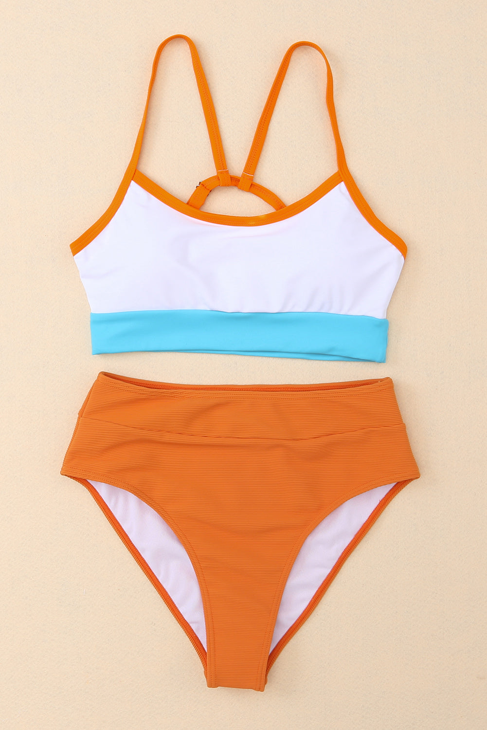 Orange Color Block Spaghetti Strap High Waist Bikini Swimsuit-TOPS / DRESSES-[Adult]-[Female]-2022 Online Blue Zone Planet