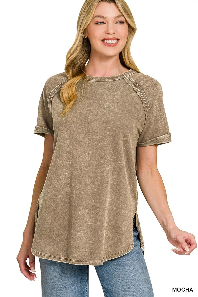 Zenana French Terry Washed Curved Hem Top – Blue Zone Planet