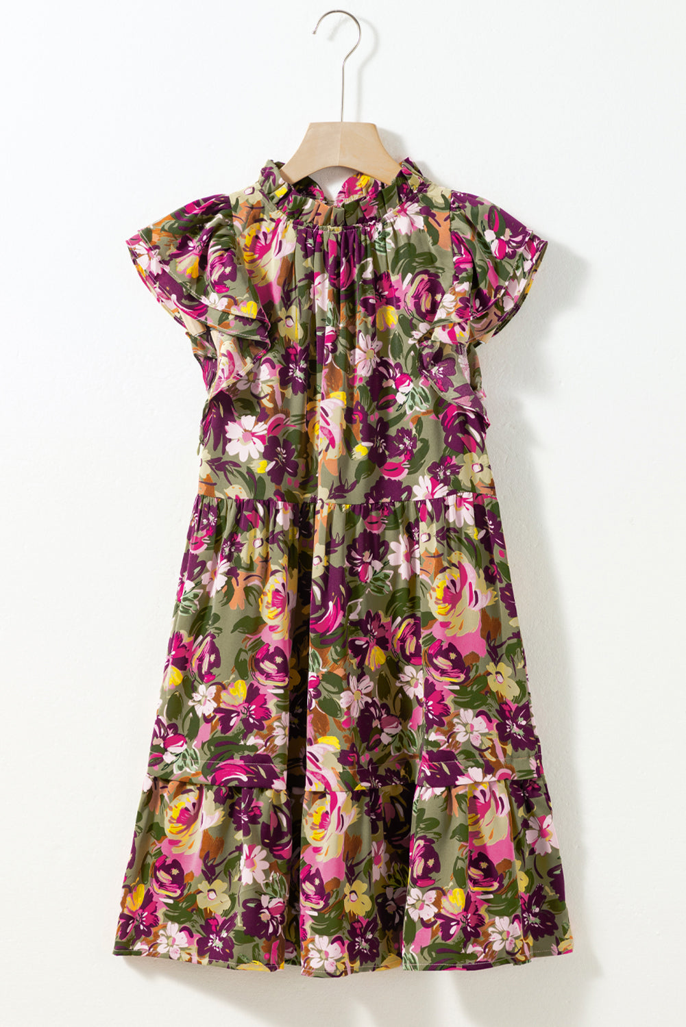 Blue Zone Planet | Green Floral Print Ruched Flutter Sleeve Frilled Neck Mini Dress Blue Zone Planet