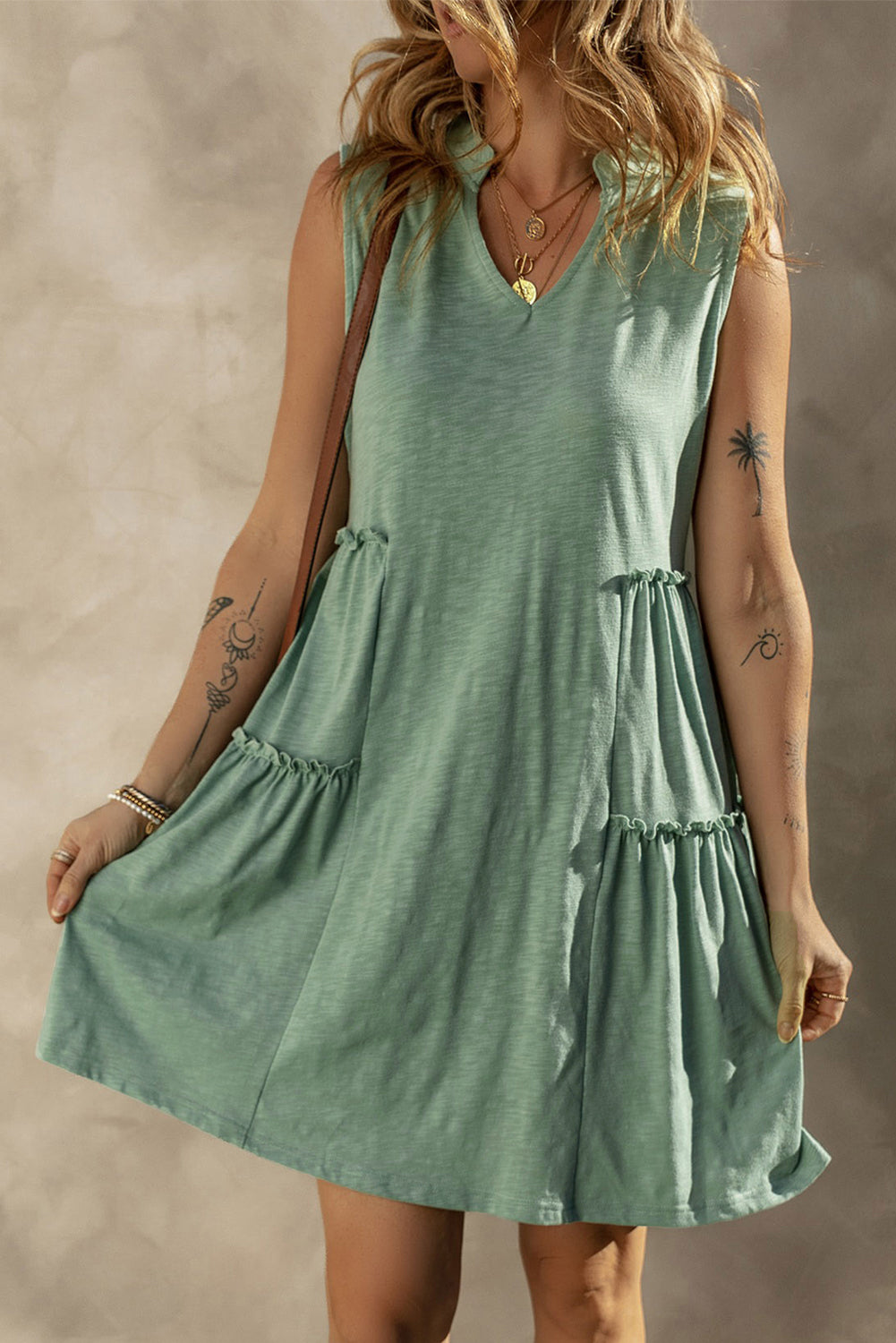 Blue Zone Planet | Moonlight Jade Split V Neck Tiered Flowy Sleeveless Dress Blue Zone Planet