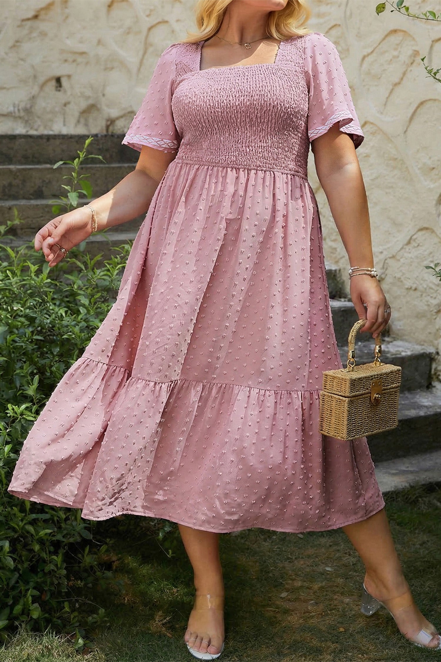 Pink Plus Size Swiss Dot Short Sleeve Smocked High Waist Flowy Midi Dress Pink / 3X / 100%Polyester