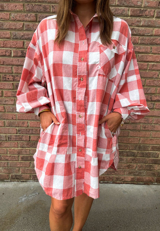 Plaid Collared Neck Long Sleeve Shirt Dress Strawberry / M