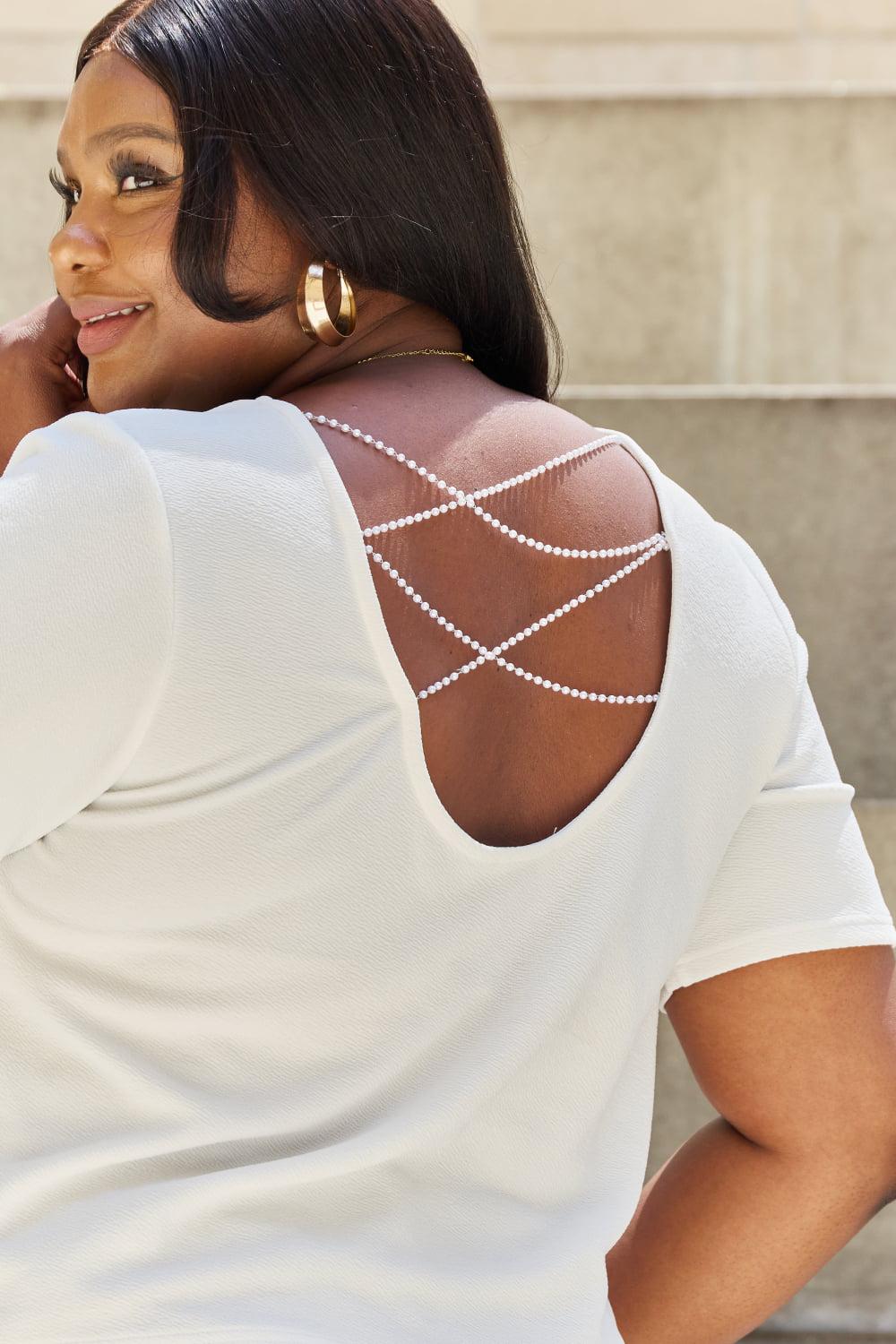And The Why Pearly White Full Size Criss Cross Pearl Detail Open Back T-Shirt BLUE ZONE PLANET