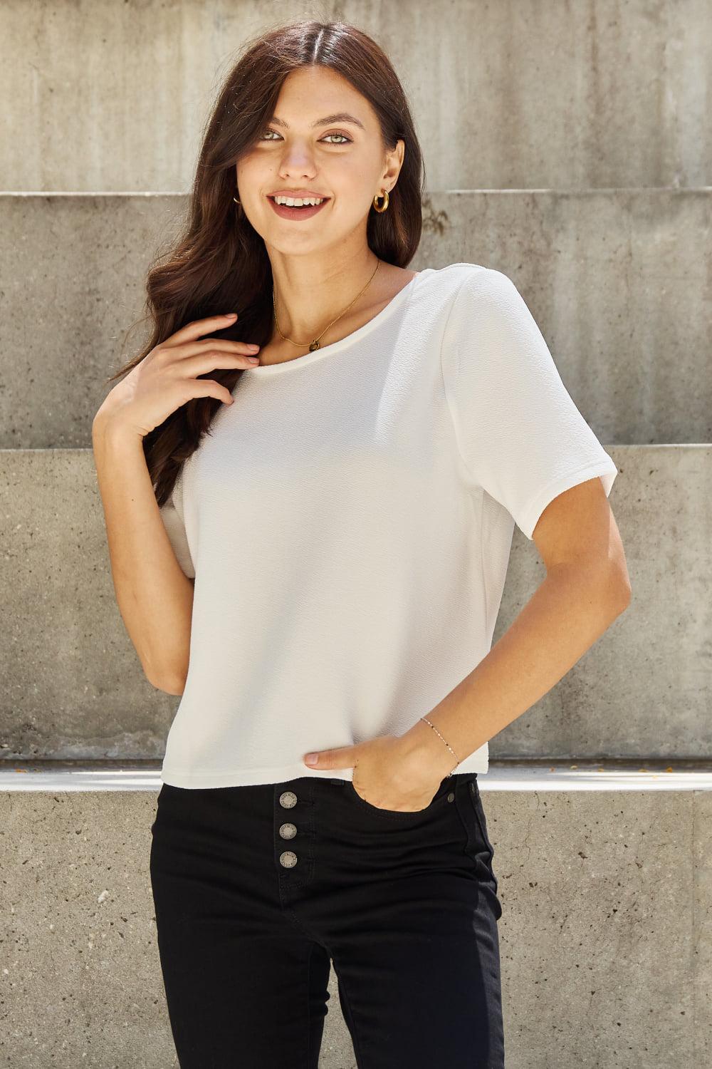 And The Why Pearly White Full Size Criss Cross Pearl Detail Open Back T-Shirt BLUE ZONE PLANET