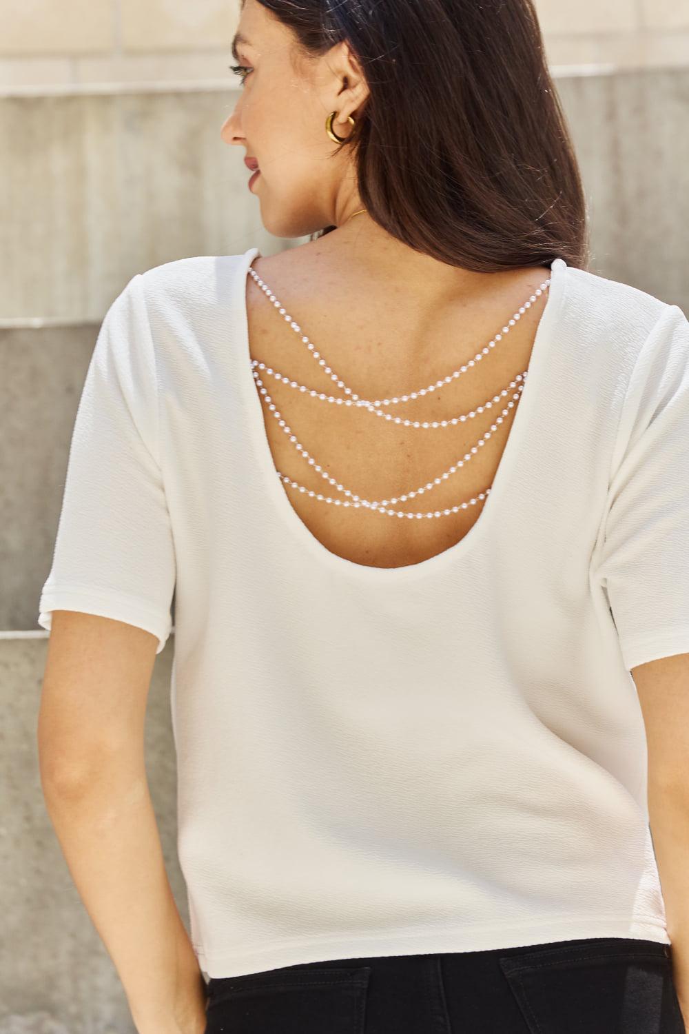 And The Why Pearly White Full Size Criss Cross Pearl Detail Open Back T-Shirt BLUE ZONE PLANET
