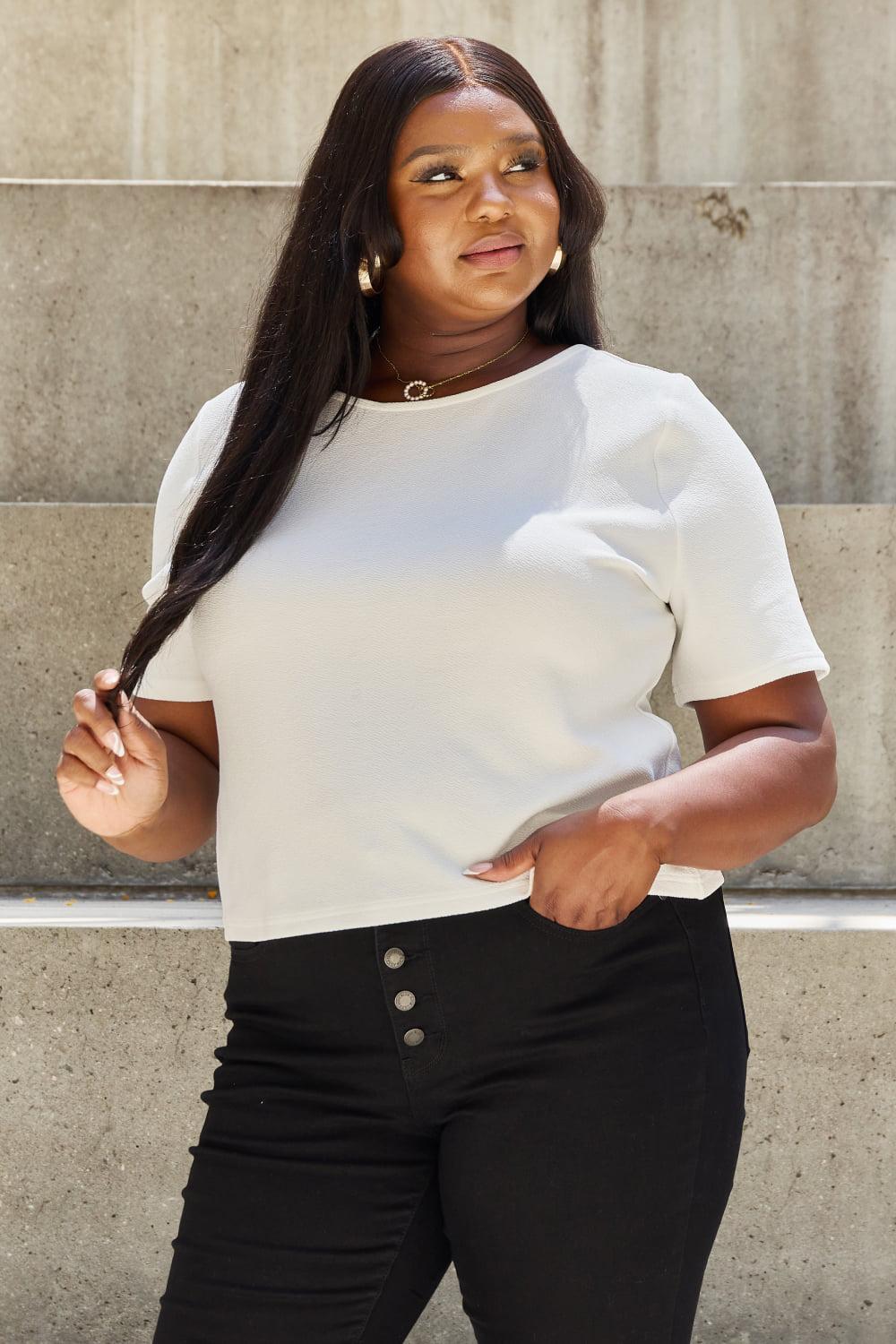 And The Why Pearly White Full Size Criss Cross Pearl Detail Open Back T-Shirt BLUE ZONE PLANET