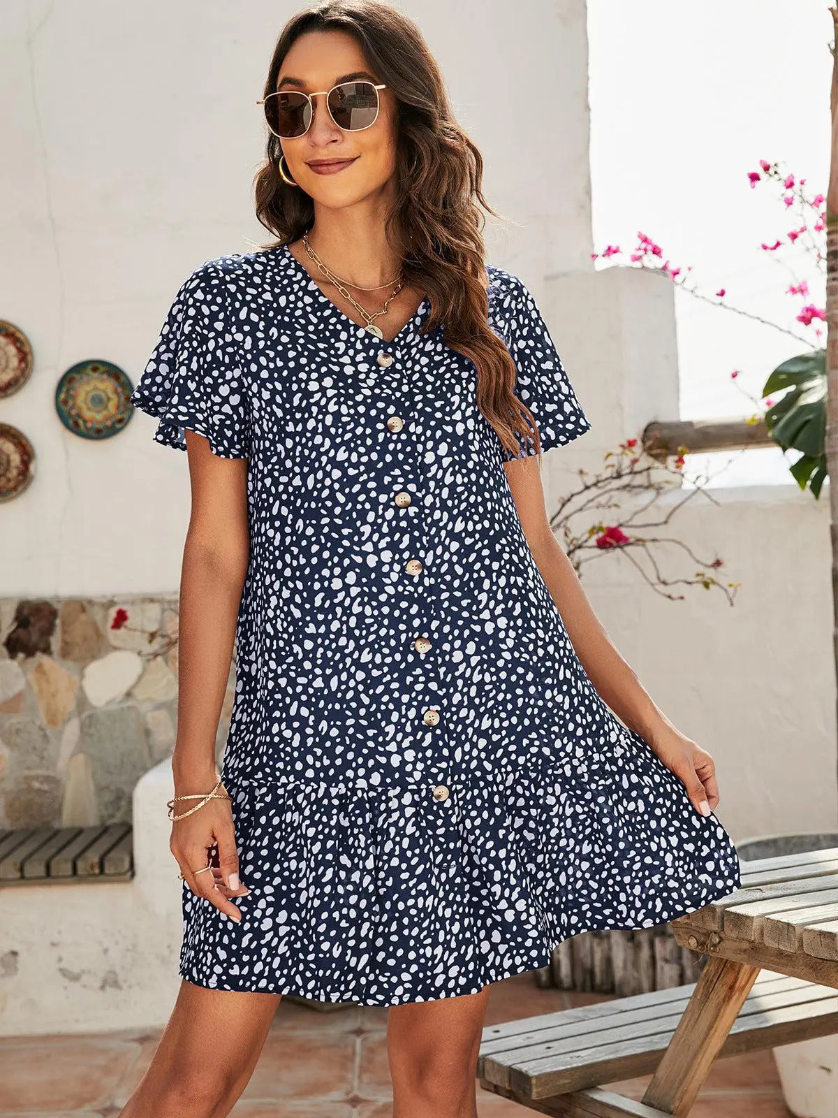 Animal Print Button Front Flutter Sleeve Dress BLUE ZONE PLANET