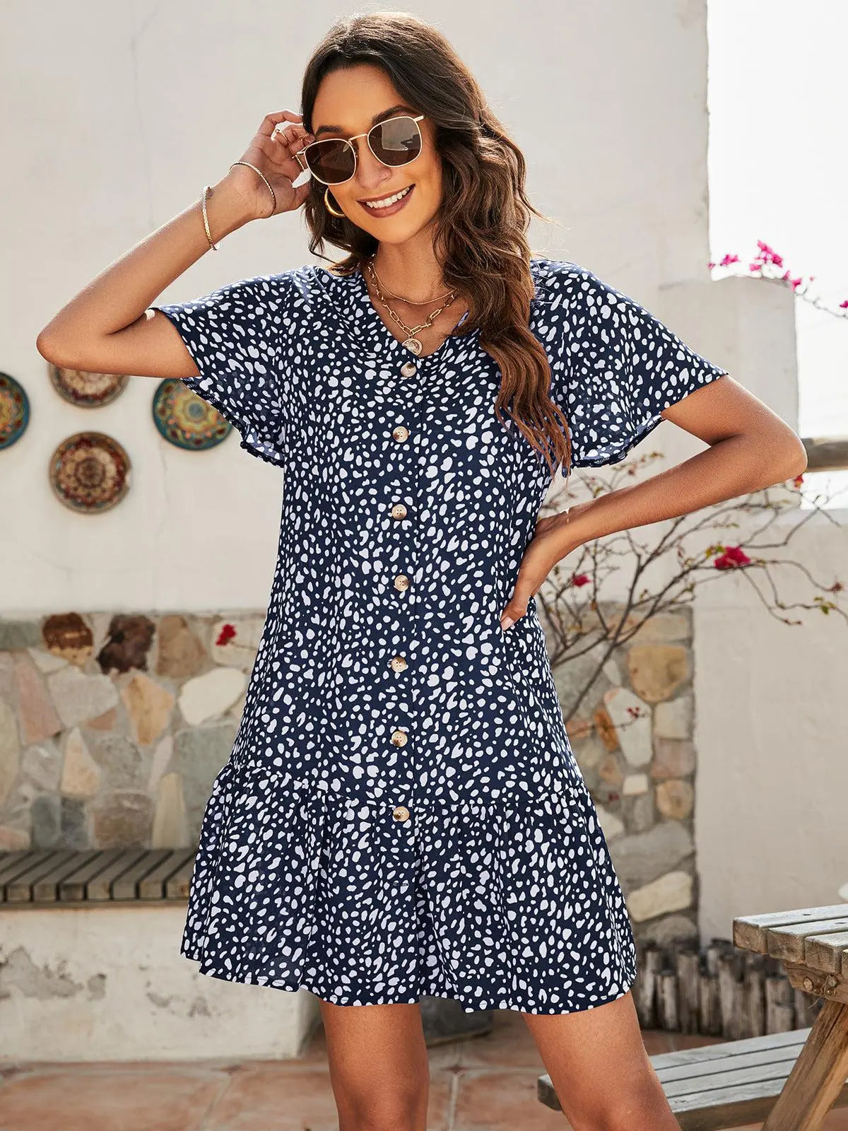 Animal Print Button Front Flutter Sleeve Dress BLUE ZONE PLANET