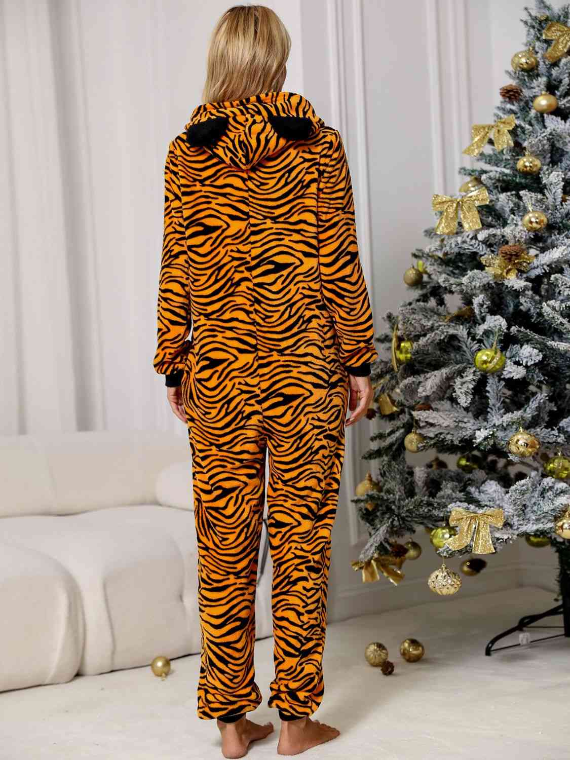 Animal Print Zip Front Lounge Jumpsuit with Pockets BLUE ZONE PLANET