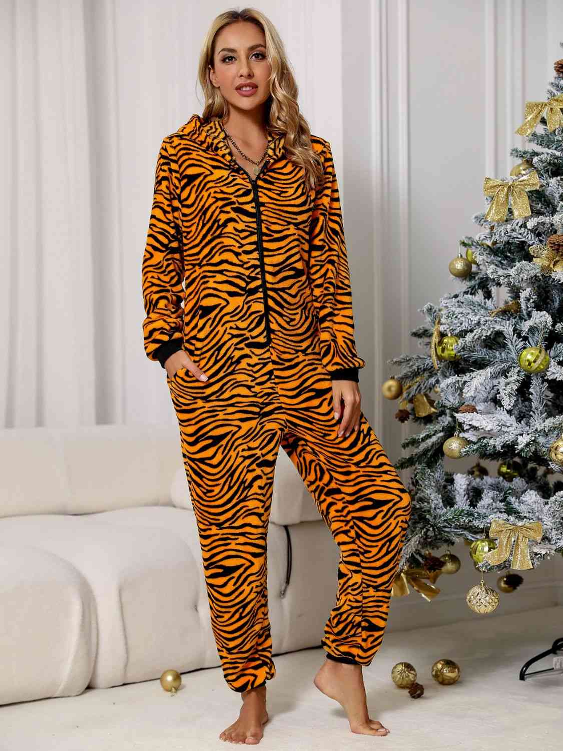 Animal Print Zip Front Lounge Jumpsuit with Pockets BLUE ZONE PLANET