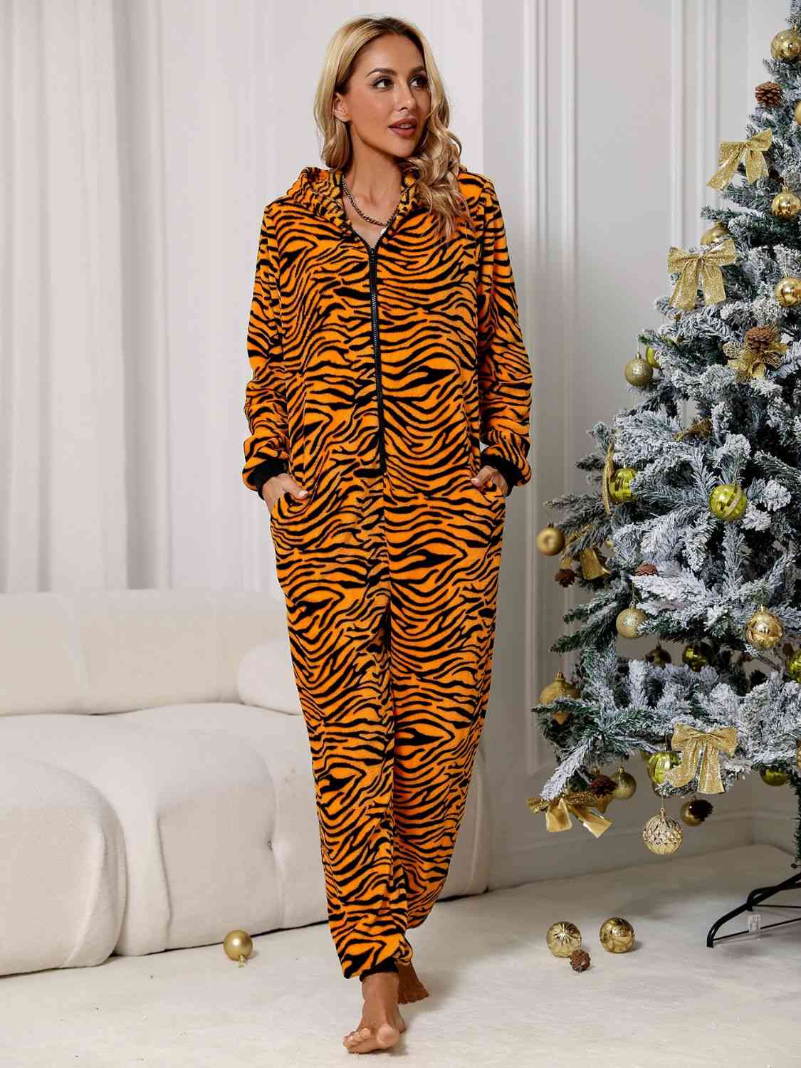 Animal Print Zip Front Lounge Jumpsuit with Pockets BLUE ZONE PLANET