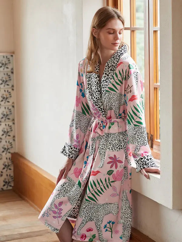 Animal print lace-up bathrobe loungewear kakaclo