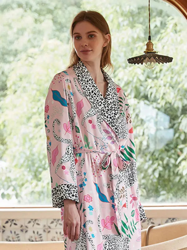 Animal print lace-up bathrobe loungewear kakaclo