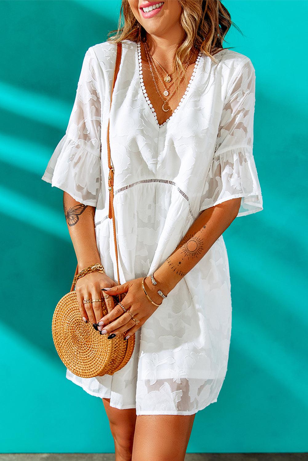 Applique V-Neck Flounce Sleeve Mini Dress - We love to pair them with our Tops BLUE ZONE PLANET