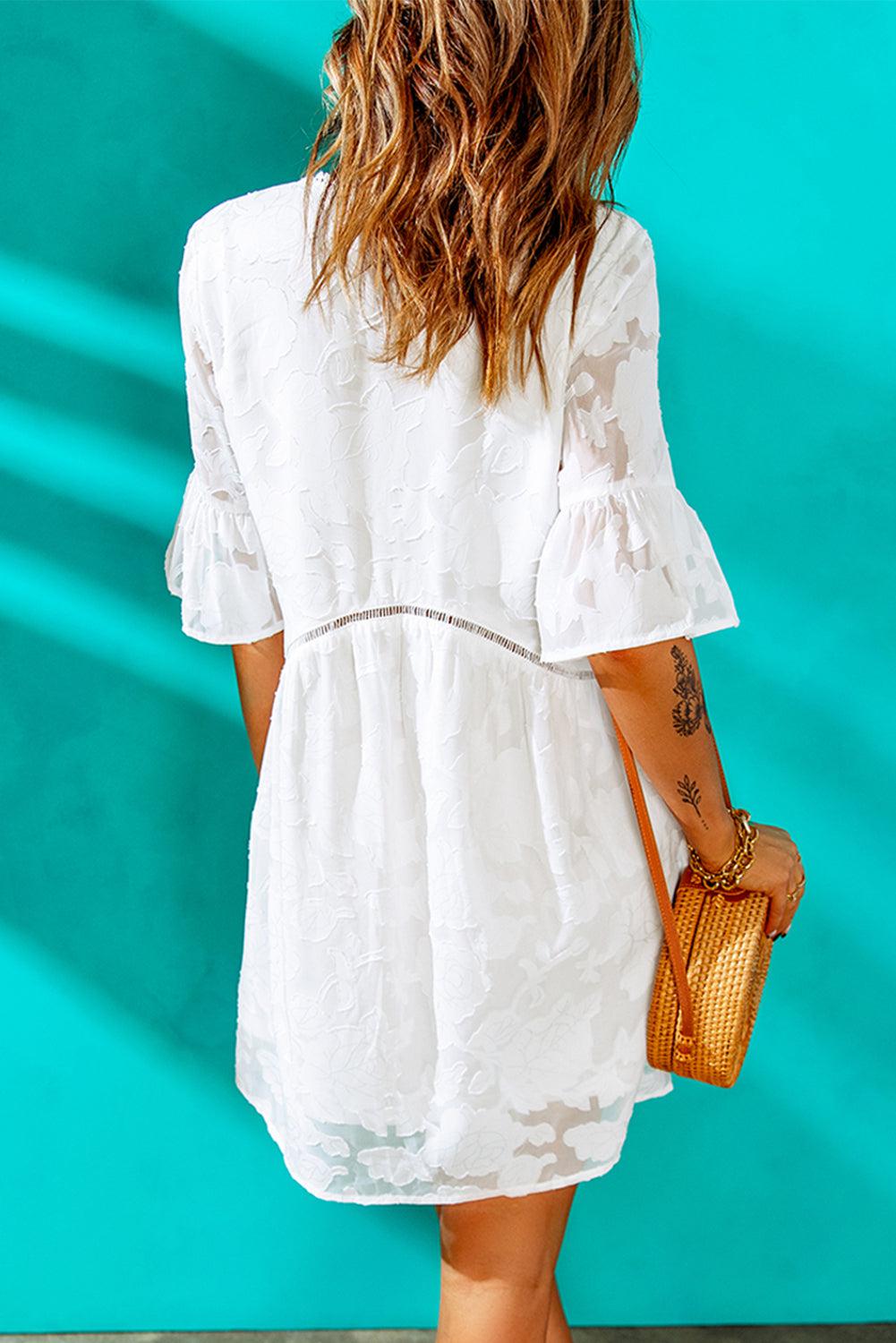 Applique V-Neck Flounce Sleeve Mini Dress - We love to pair them with our Tops BLUE ZONE PLANET