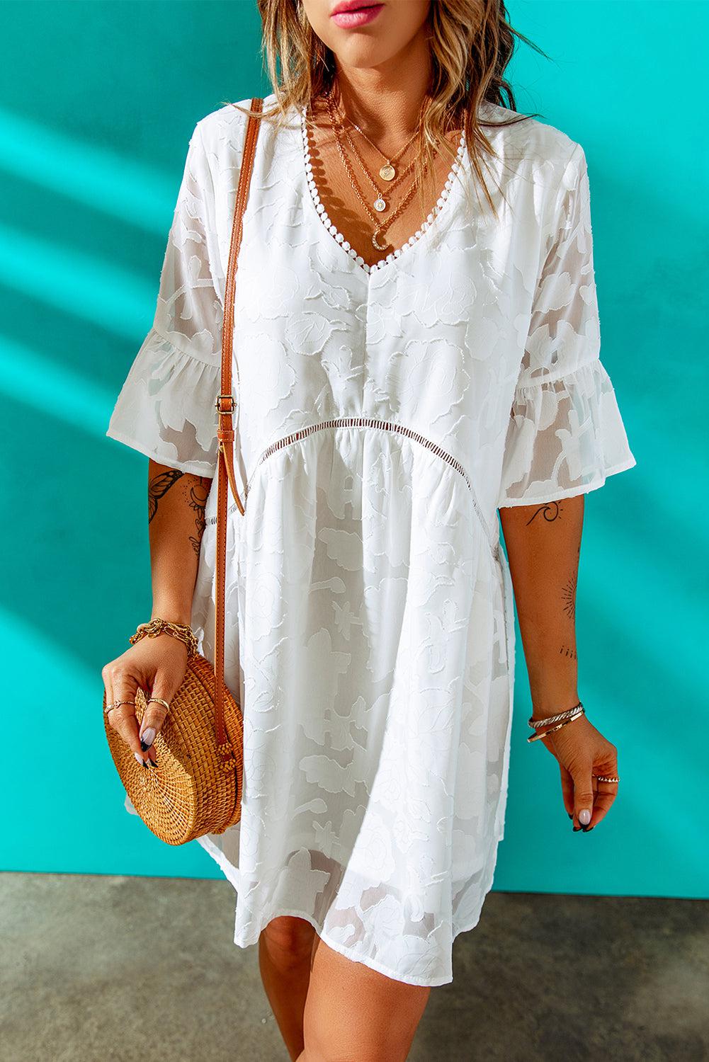 Applique V-Neck Flounce Sleeve Mini Dress - We love to pair them with our Tops BLUE ZONE PLANET
