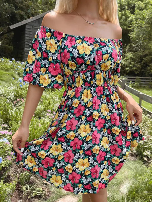 Aria's Hibiscus Floral Print Off-Shoulder Ruffle Mini Dress kakaclo