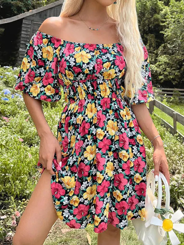 Aria's Hibiscus Floral Print Off-Shoulder Ruffle Mini Dress kakaclo