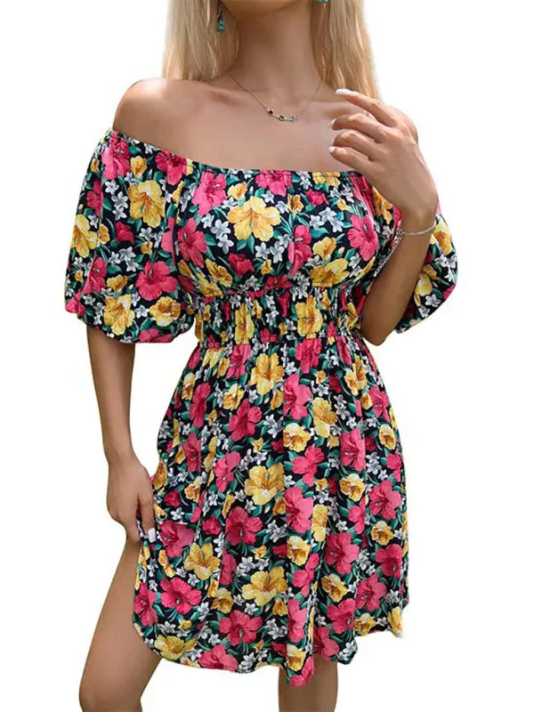 Aria's Hibiscus Floral Print Off-Shoulder Ruffle Mini Dress kakaclo