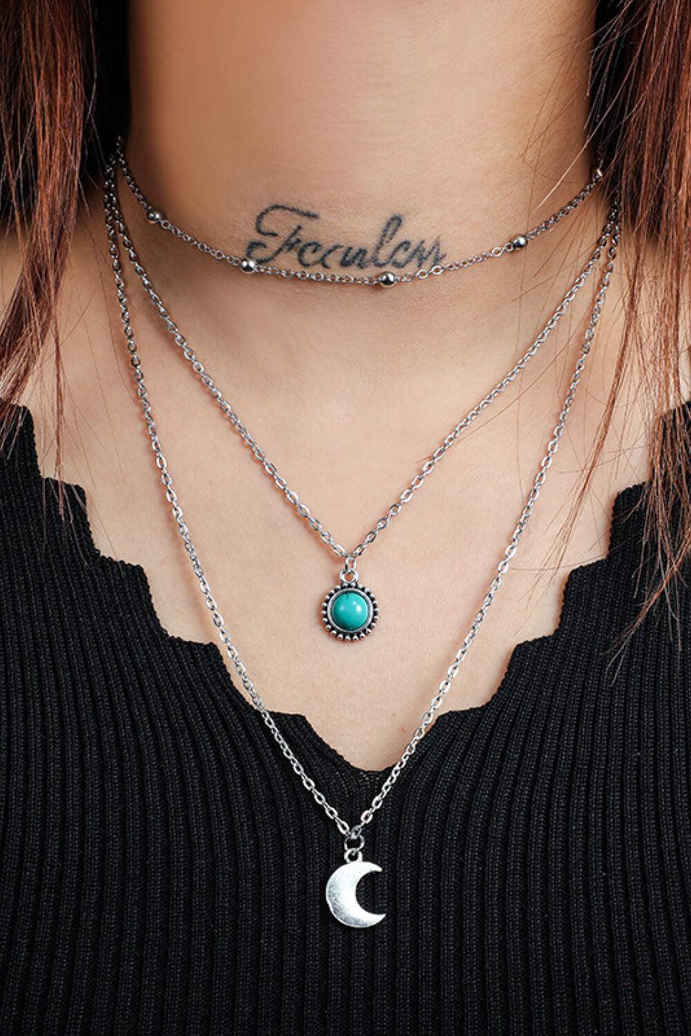 Artificial Turquoise Moon Pendant Layered Necklace BLUE ZONE PLANET