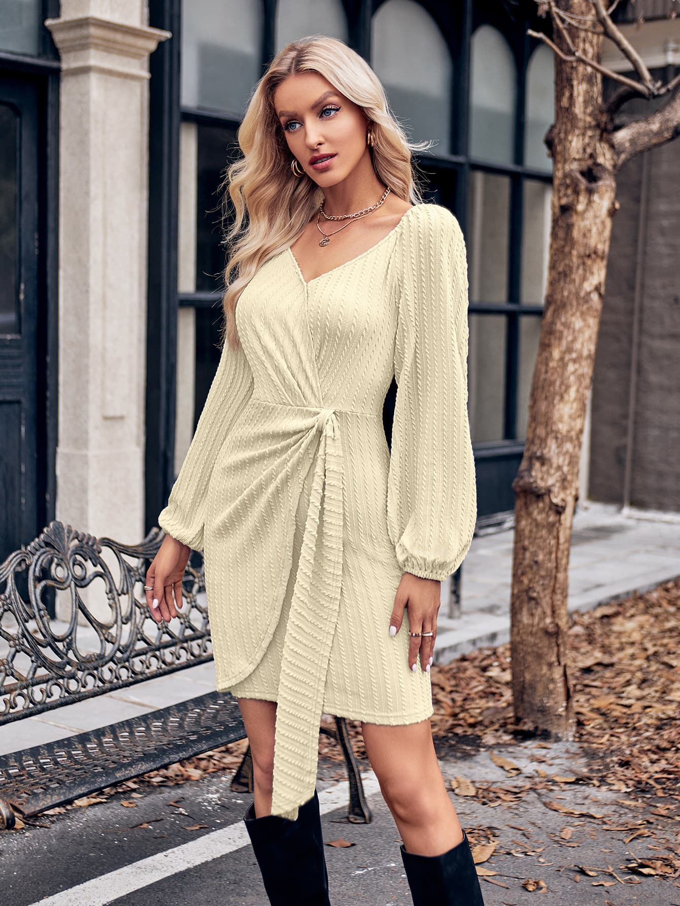 Asymmetrical Surplice Puff Sleeve Mini A-Line Dress BLUE ZONE PLANET