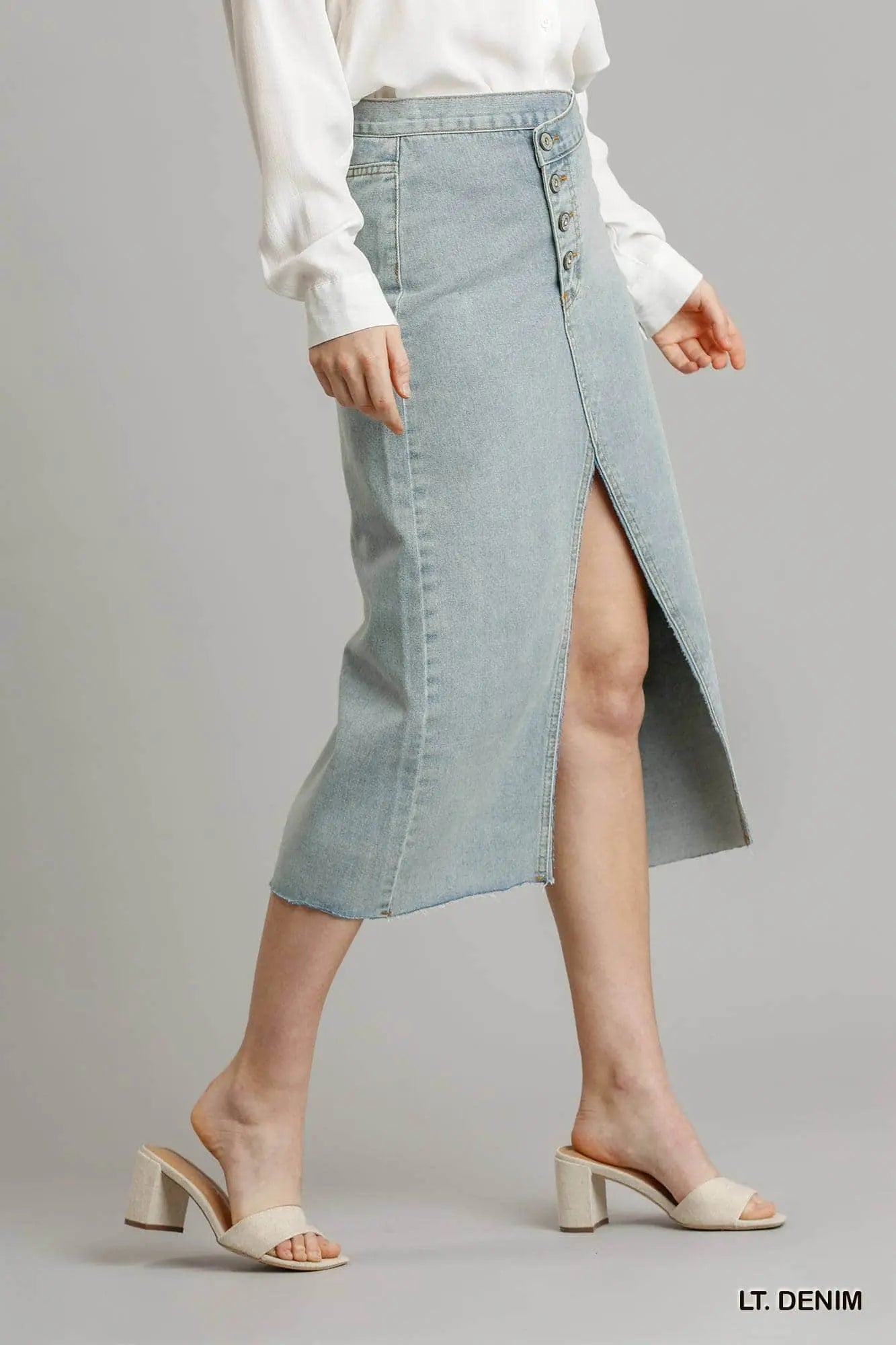 Asymmetrical Waist And Button Up Front Split Denim Skirt With Back Pockets And Unfinished Hem Blue Zone Planet
