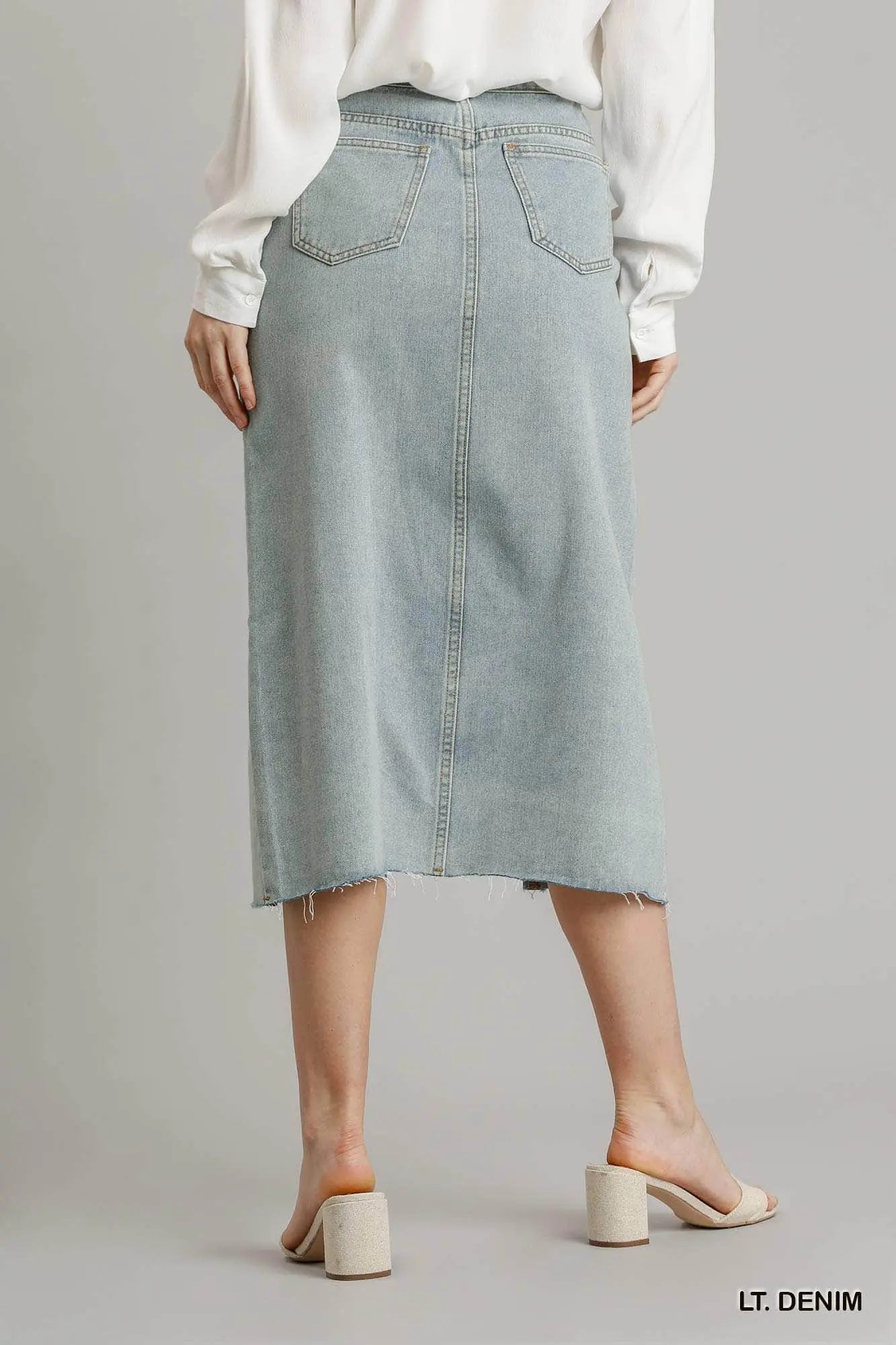 Asymmetrical Waist And Button Up Front Split Denim Skirt With Back Pockets And Unfinished Hem Blue Zone Planet