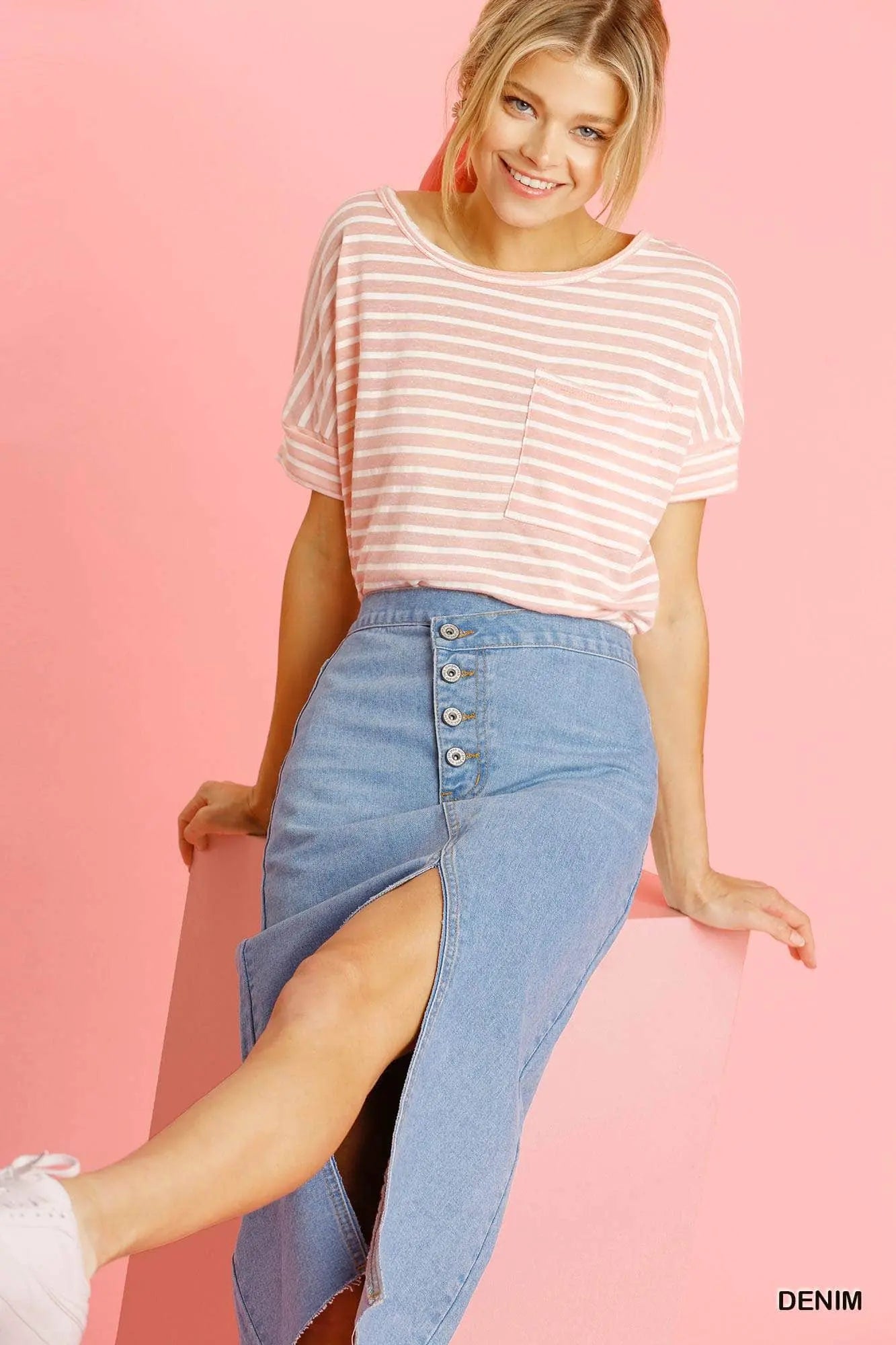 Asymmetrical Waist And Button Up Front Split Denim Skirt With Back Pockets And Unfinished Hem Blue Zone Planet