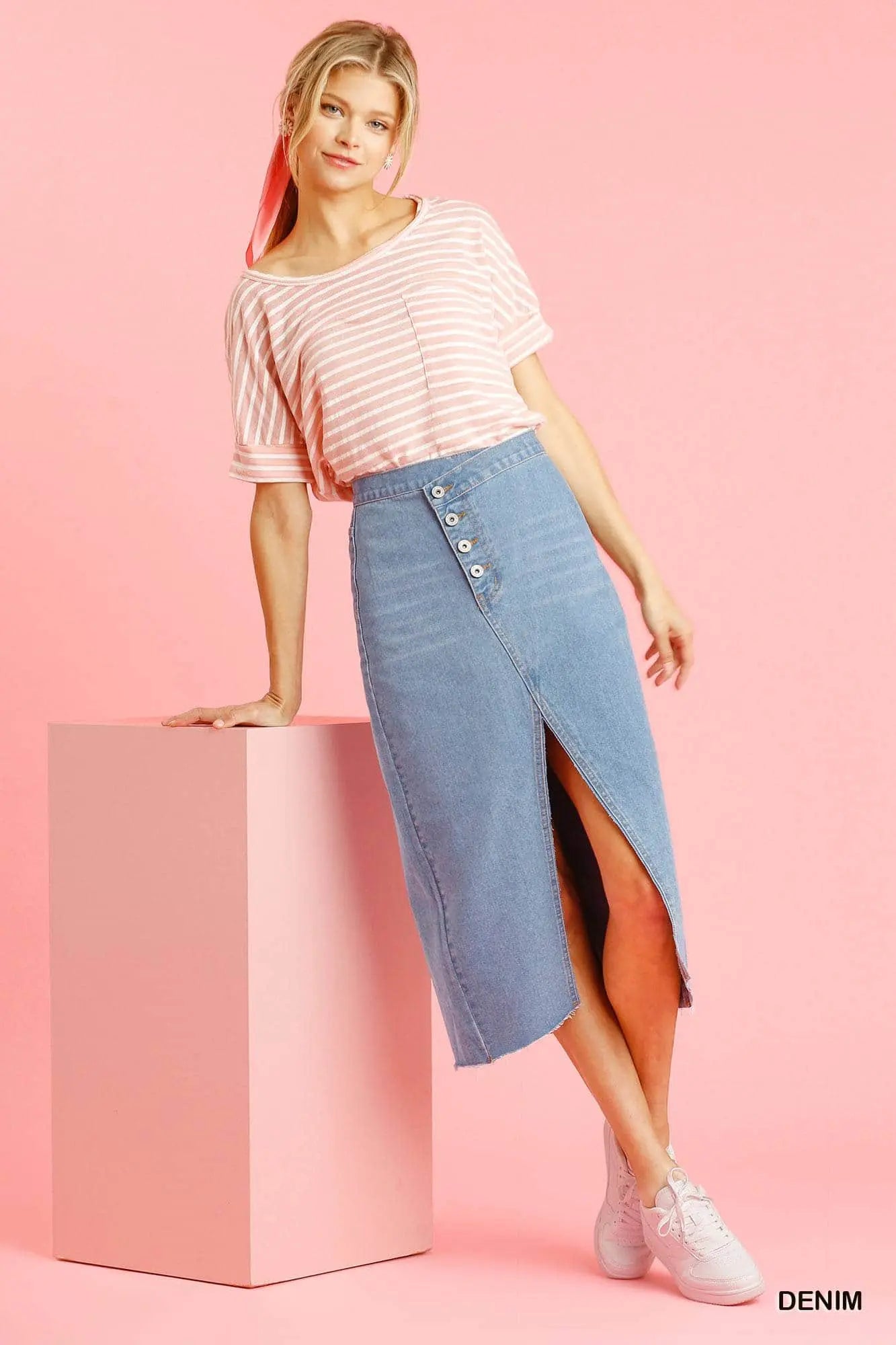 Asymmetrical Waist And Button Up Front Split Denim Skirt With Back Pockets And Unfinished Hem Blue Zone Planet