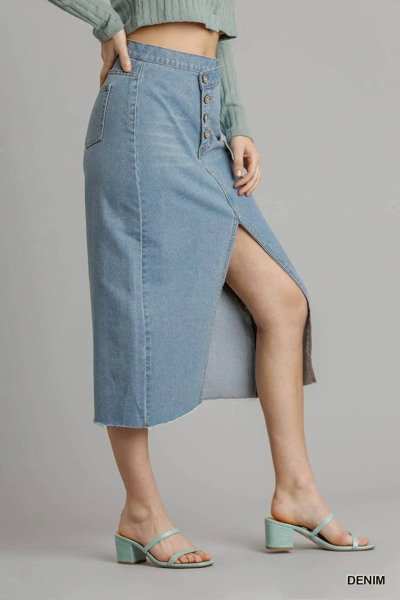 Asymmetrical Waist And Button Up Front Split Denim Skirt With Back Pockets And Unfinished Hem Blue Zone Planet