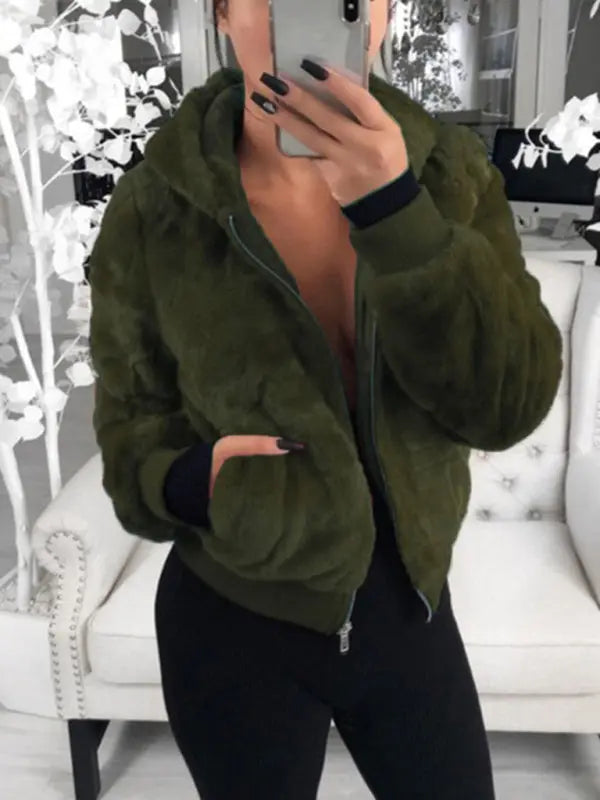 Autumn and winter furry long-sleeved hooded plush top long coat BLUE ZONE PLANET